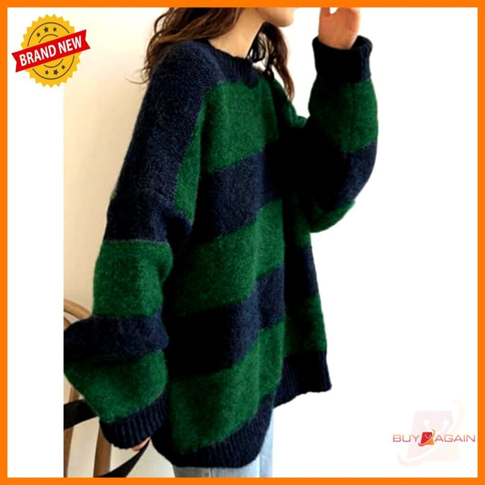 Oversized Striped Pullover Sweater Knit Crewneck Long Sleeve Fall Fashion - Picture 3 of 7